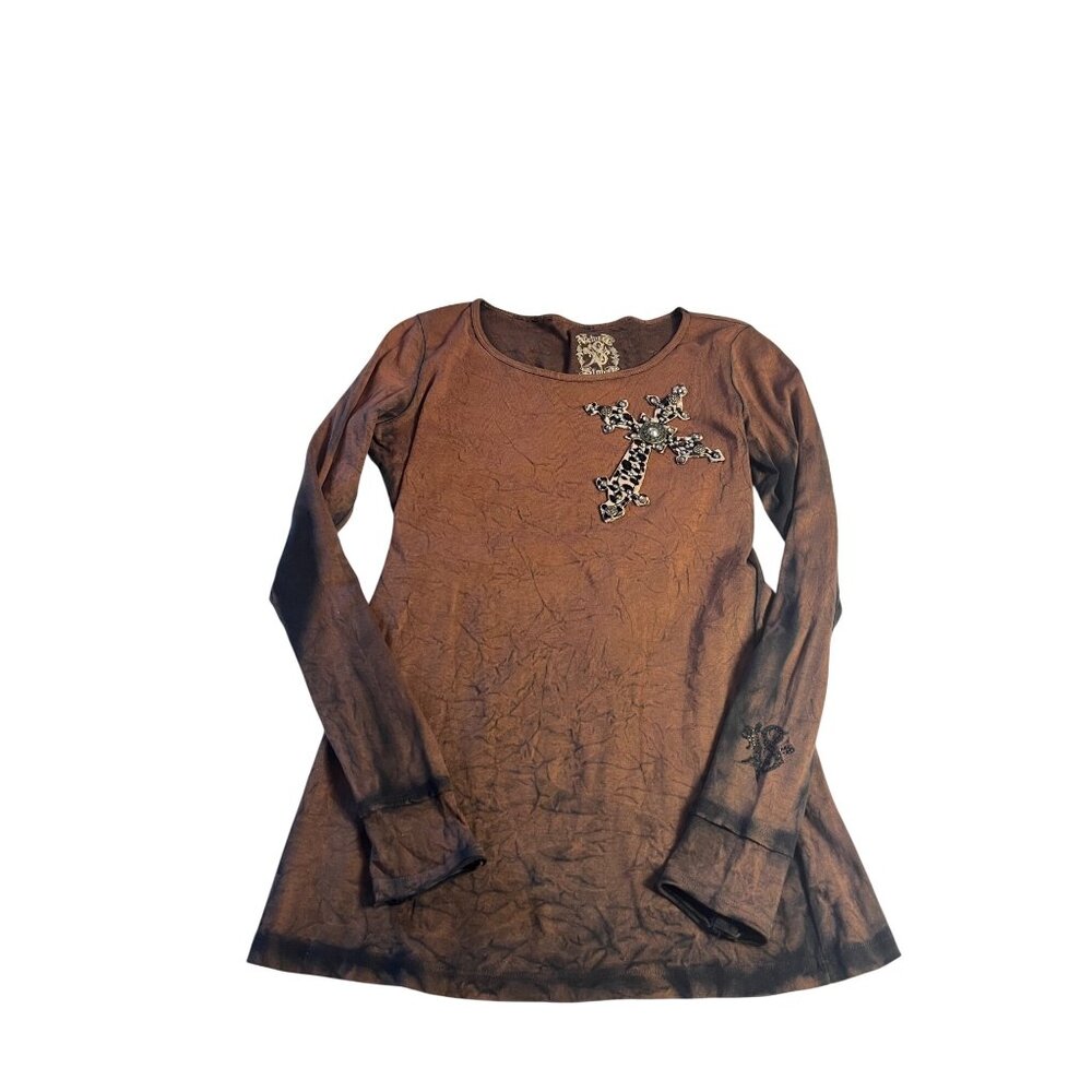 Velvet Stone women’s M Rustic Bling cheetah Cross Studded Long Sleeve  Brown top